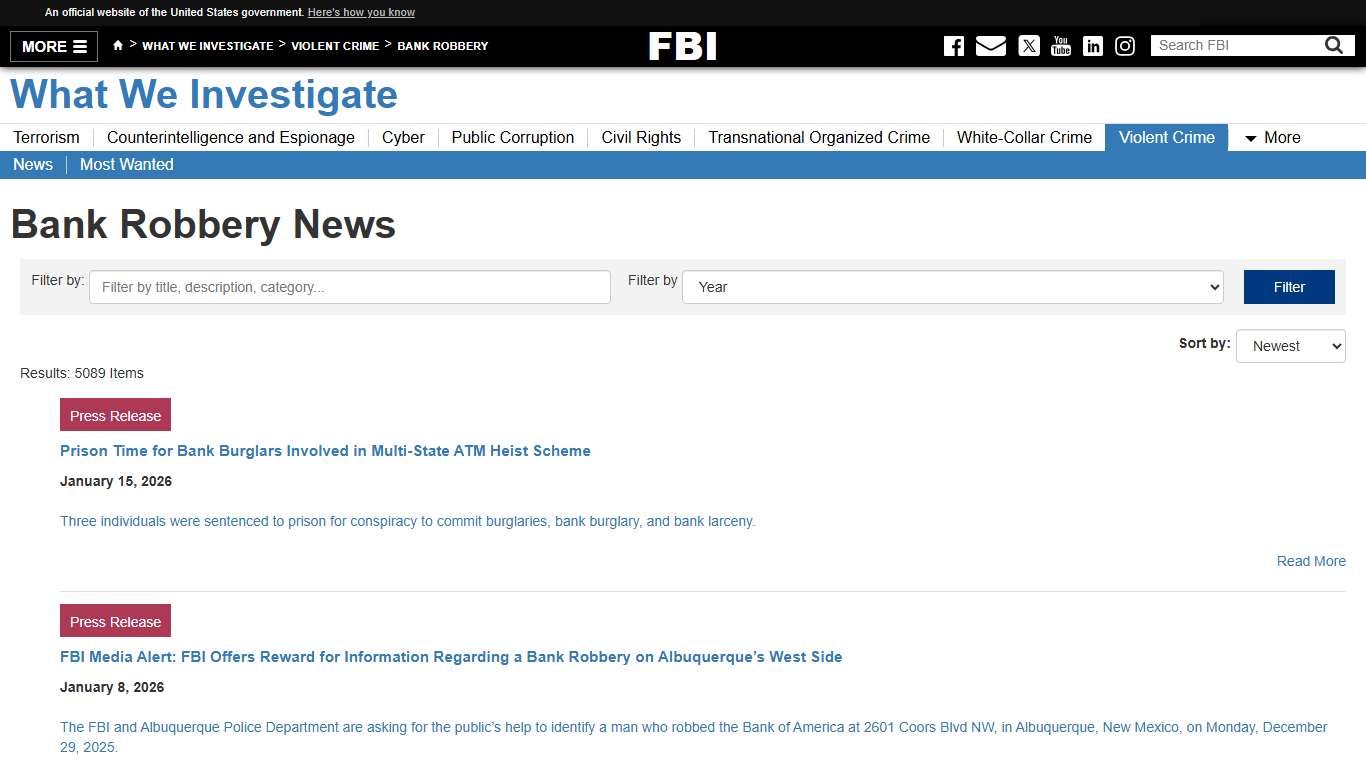 Bank Robbery News — FBI